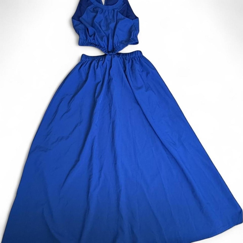 Blue halter neck maxi dress with cut out detail